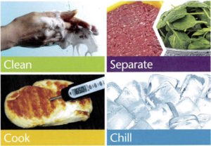 collage with hands being washed, hamburger meat and spinach being seperated, a chicken breast with digital thermometer in it, and ice cubes, with the words "Clean, seperate, cook, chill" under corresponding picture