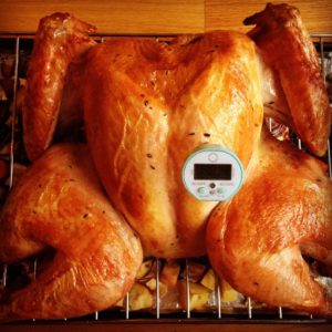 Cooked turkey with digital meat thermometer inserted in breast