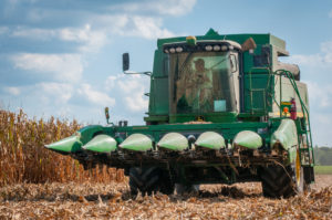farmer driving corn harvester in field