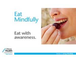 woman eating grape with "eat mindfully" and "eat with awareness" to the sidend