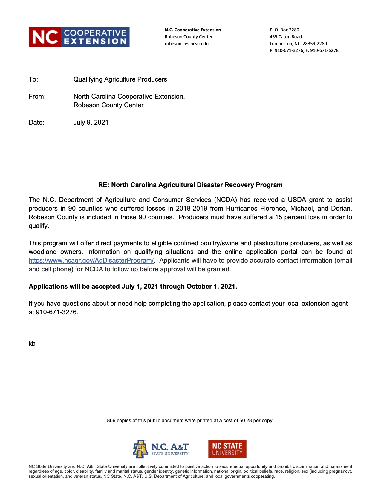 Memo about disaster recovery program
