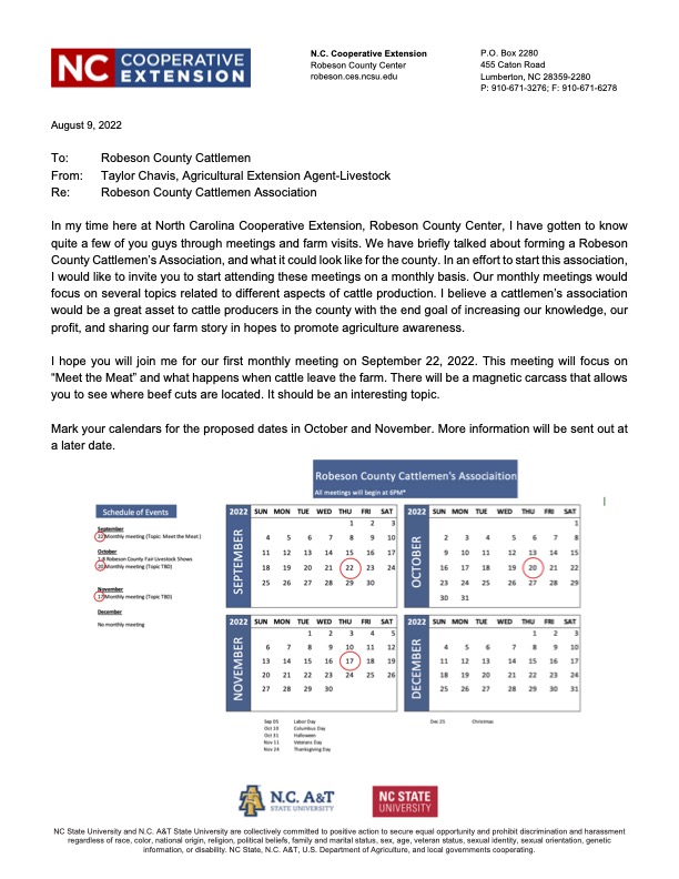 An open letter to Robeson County cattlemen discussing the monthly meetings. The calendar above is also attached.