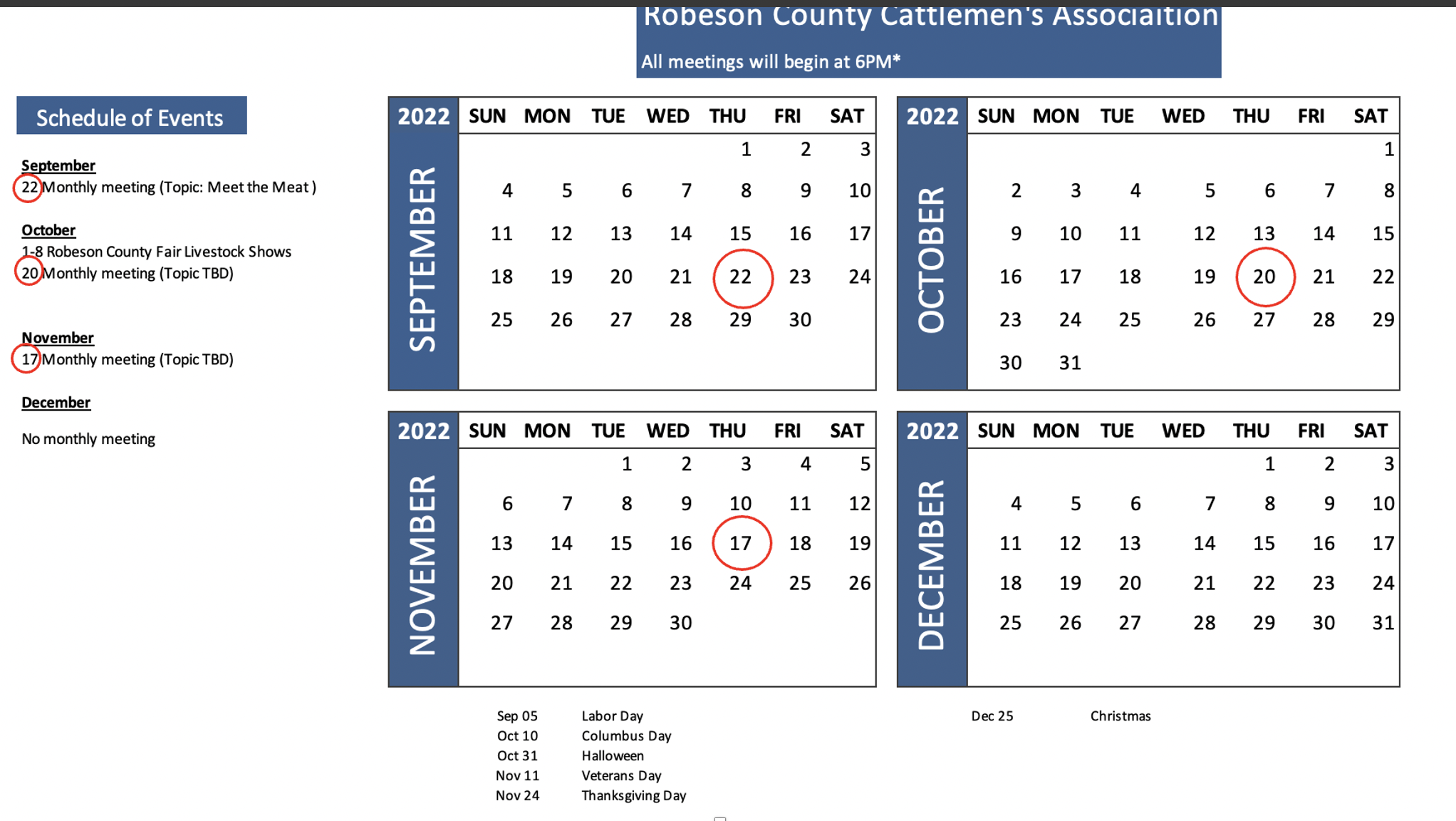Calendars showing Monthly meetings on September 22, October 20, and November 17.
