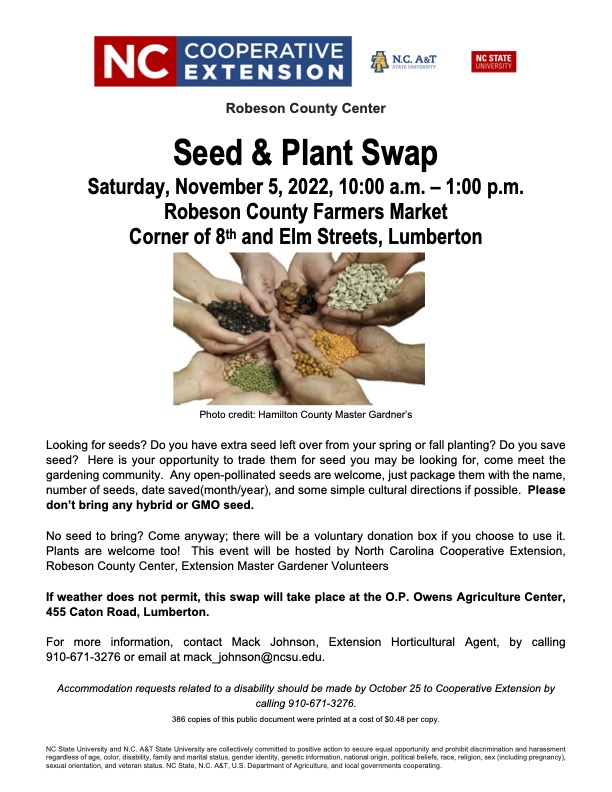 Seed & Plant Swap Flyer. Saturday, November 5, 2022. 10:00 a.m. – 1:00 p.m.