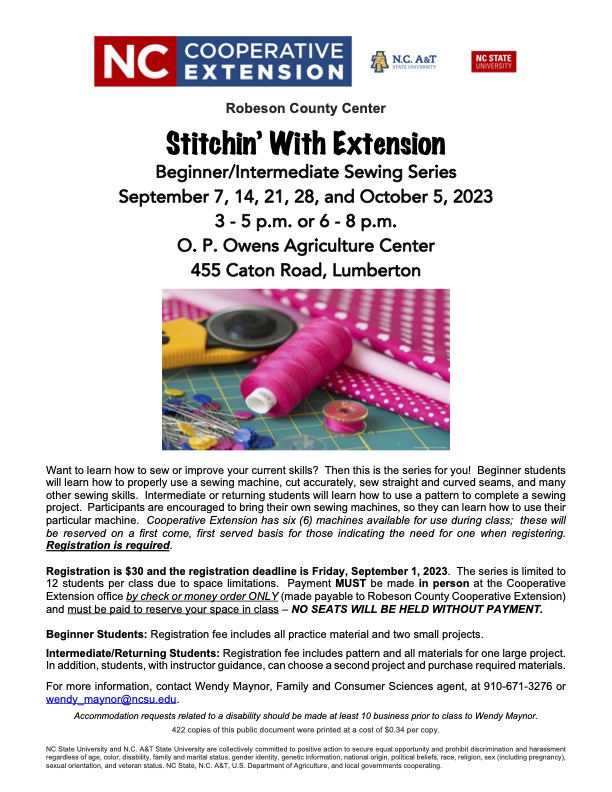 Flier for Sept 2023 Sewing series classes